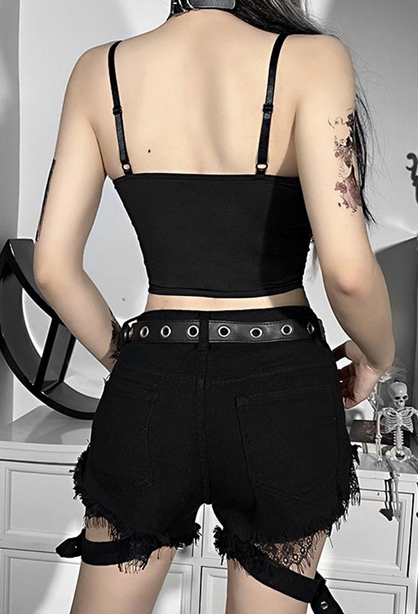 Women Gothic Tank Top - Lace Deep V Criss Cross Lace-up Short Vest