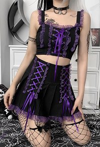 Gothic Punk Style High-Waist Mini Skirt Lace-up Ruffles Short Skirt
