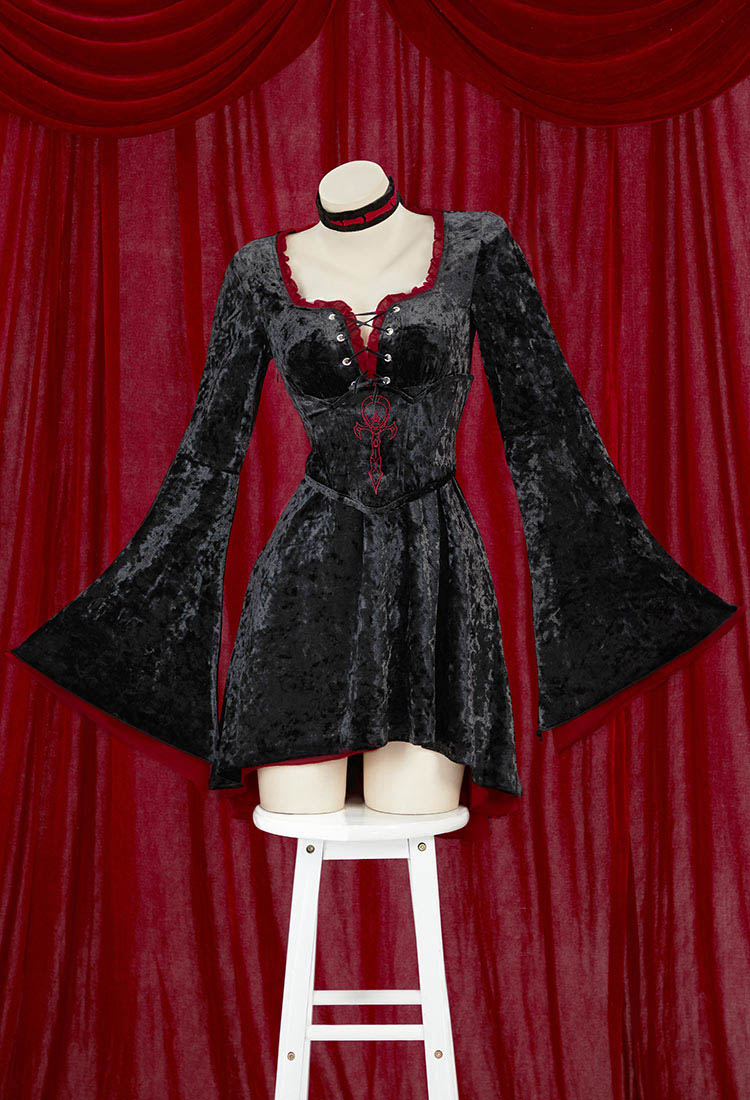 Vampiro Vestido gótico medieval retro de terciopelo con mangas acampanadas corsé y accesorio para el cuello