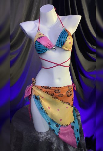 The Nightmare Before Christmas Sally Derivado Halloween Gótico Colorido Estampado Bañador Split Bikini con Falda de Gasa