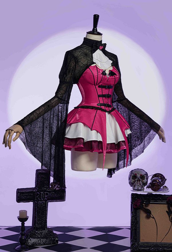 Monster High Draculaura Derivado Conjunto gótico de falda y corsé con top asimétrico de manga murciélago y faldas de varias capas con una prenda de malla para cubrirse Monster High Draculaura Derivado Conjunto gótico de falda y corsé con top asimétrico de manga murciélago y faldas de varias capas con una prenda de malla para cubrirse