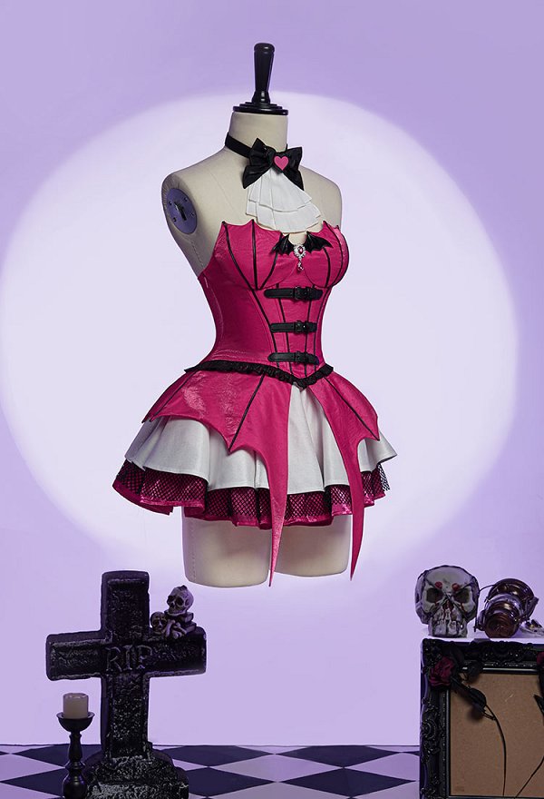 Monster High Draculaura Derivado Conjunto gótico de falda y corsé con top asimétrico de manga murciélago y faldas de varias capas con una prenda de malla para cubrirse Monster High Draculaura Derivado Conjunto gótico de falda y corsé con top asimétrico de manga murciélago y faldas de varias capas con una prenda de malla para cubrirse