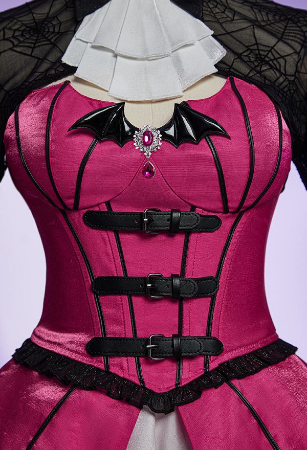 Monster High Draculaura Derivado Conjunto gótico de falda y corsé con top asimétrico de manga murciélago y faldas de varias capas con una prenda de malla para cubrirse Monster High Draculaura Derivado Conjunto gótico de falda y corsé con top asimétrico de manga murciélago y faldas de varias capas con una prenda de malla para cubrirse