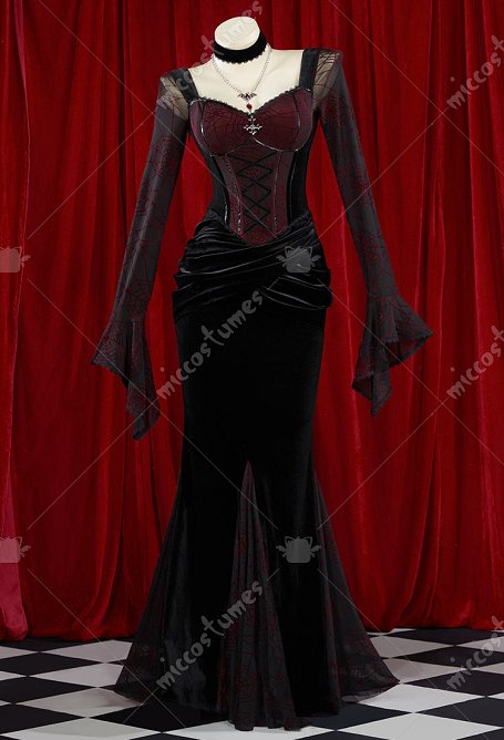 Halloween Vestido gótico de vampiro negro y rojo de con estampado de telaraña largo de cola de pez con collar