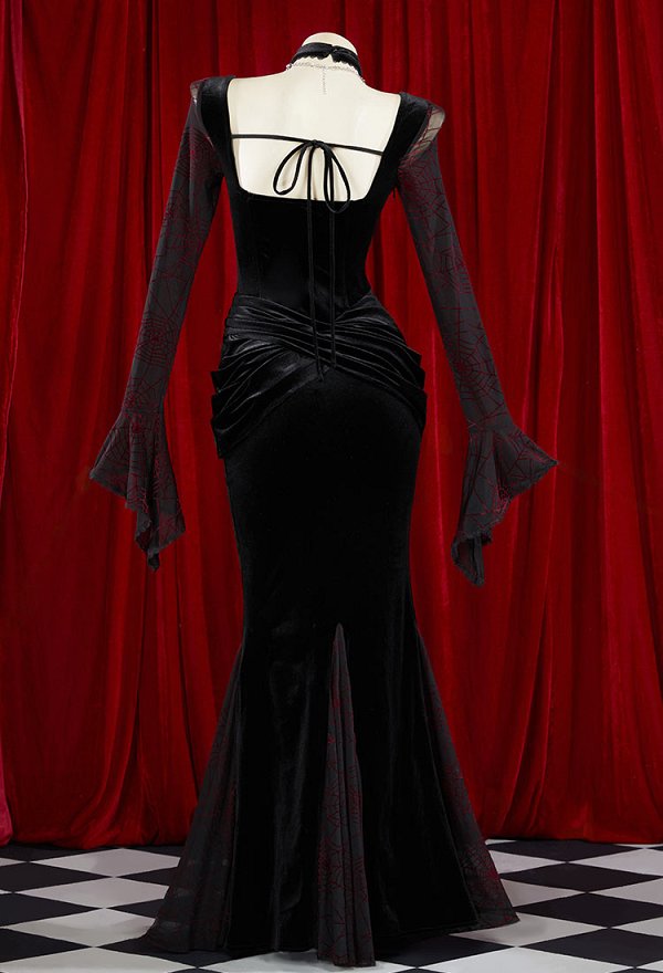 Halloween Gothic Black & Red Vampire Dress Spider Web Pattern Fishtail Maxi Dress with Choker Necklace