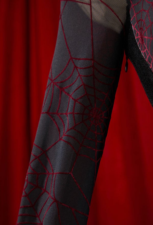 Halloween Gothic Black & Red Vampire Dress Spider Web Pattern Fishtail Maxi Dress with Choker Necklace