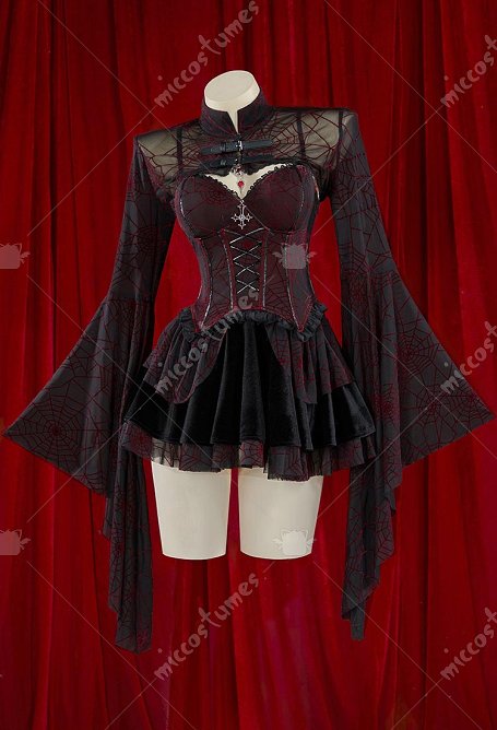 Ensemble robe corset vampire gothique noir et rouge pour Halloween Corset sans bretelles à motif toile d'araignée et jupe avec cache-corset en dentelle