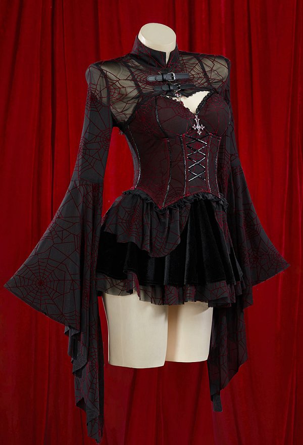 Ensemble robe corset vampire gothique noir et rouge pour Halloween Corset sans bretelles à motif toile d'araignée et jupe avec cache-corset en dentelle