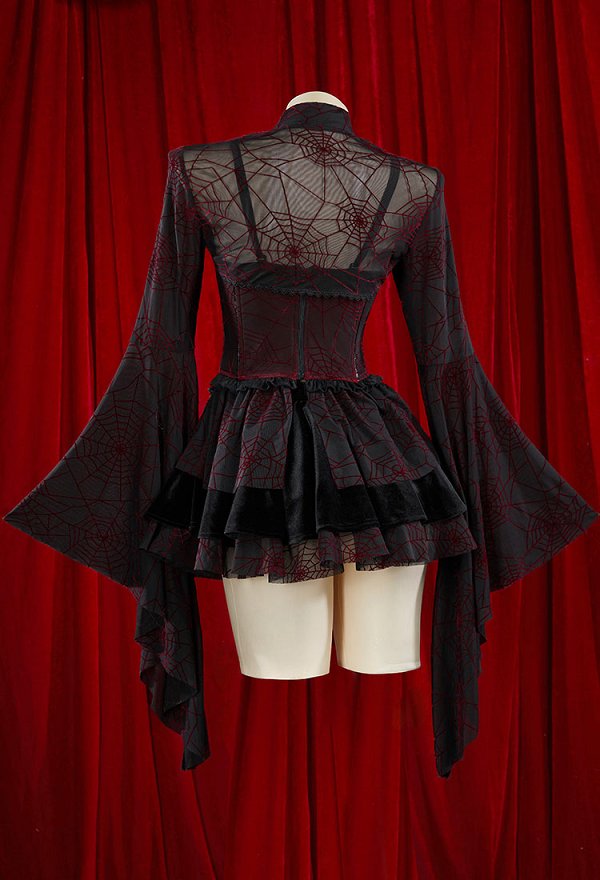 Ensemble robe corset vampire gothique noir et rouge pour Halloween Corset sans bretelles à motif toile d'araignée et jupe avec cache-corset en dentelle