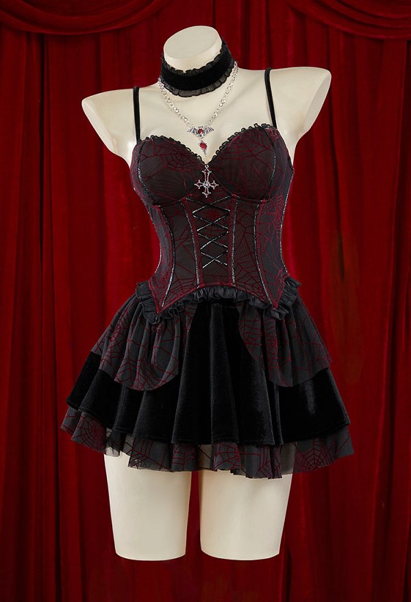 Ensemble robe corset vampire gothique noir et rouge pour Halloween Corset sans bretelles à motif toile d'araignée et jupe avec cache-corset en dentelle