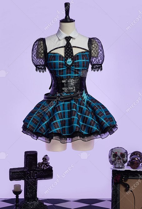 Monster High Frankie Derivado Vestido gótico azul y negro a cuadros, vestido patchwork de estilo oscuro con cinturón y corbata