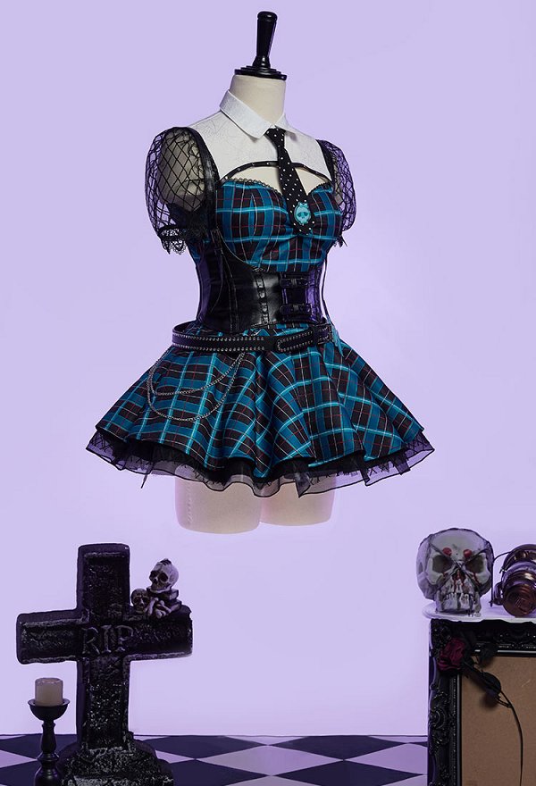 MH Frankie Dérivé Robe gothique à carreaux bleus et noirs Robe patchwork de style sombre avec ceinture et lien à nouer à la taille