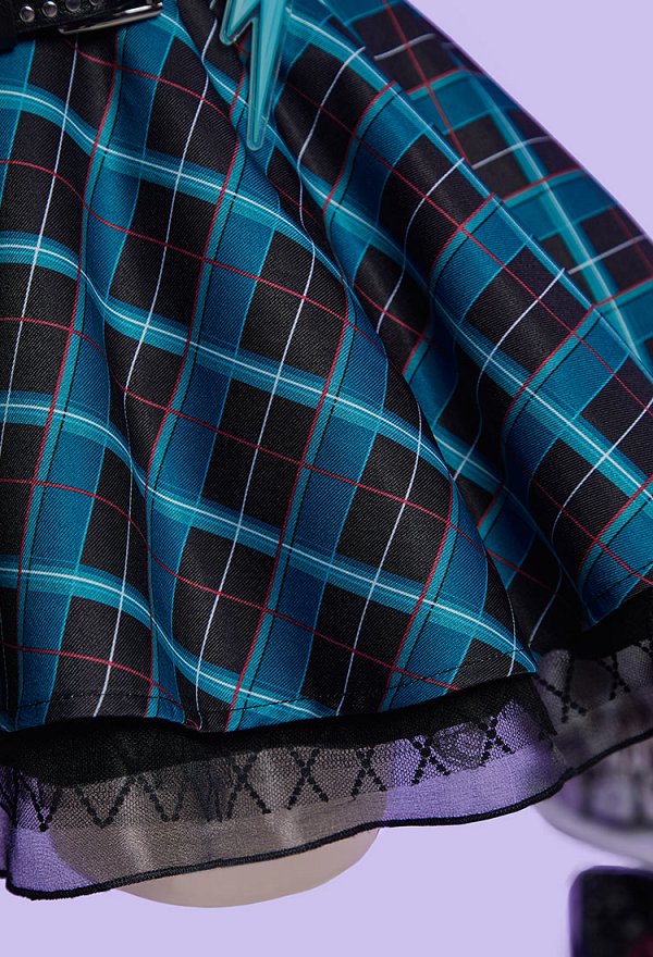 MH Frankie Dérivé Robe gothique à carreaux bleus et noirs Robe patchwork de style sombre avec ceinture et lien à nouer à la taille