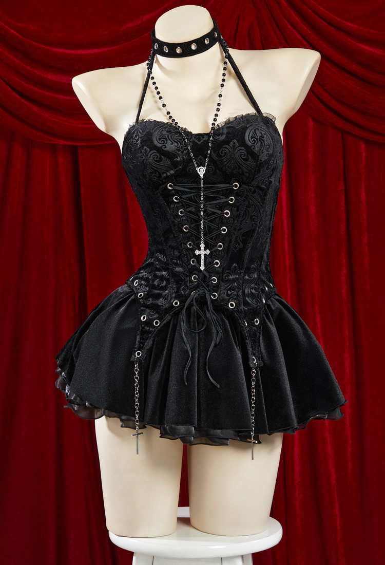 Conjunto negro gótico de vestido de corsé con cuello halter falda y guantes