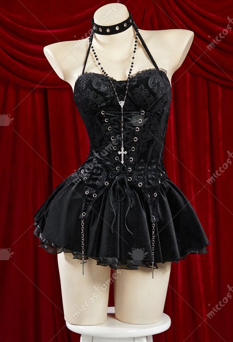 Conjunto negro gótico de vestido de corsé con cuello halter falda y guantes
