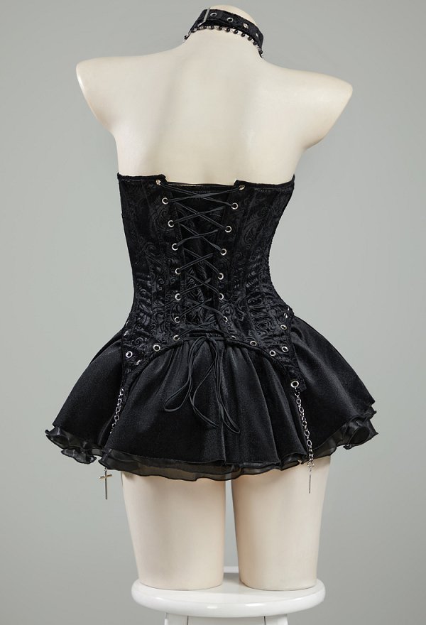 Halloween Gothic Black Tunic Dress Set Halter Neck Tunic and Skirt with Gloves