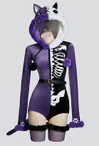 Fallen Angels Gothic Lila Schwarz Colorblock Bodysuit Plüsch Kontrastierende Symmetrie Totenkopfmuster Bodysuit mit Schwanz und Gürtel Fallen Angels Gothic Lila Schwarz Colorblock Bodysuit Plüsch Kontrastierende Symmetrie Totenkopfmuster Bodysuit mit Schwanz und Gürtel