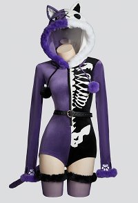 Fallen Angels Gothic Purple Black Colorblock Bodysuit Plush Contrasting Symmetry Skull Pattern Bodysuit with Tail and Belt