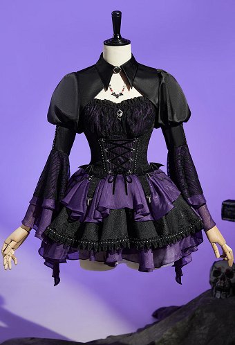 Monster High Elissabat Derivado Traje gótico de falda corsé con cintura ceñida y falda de varias capas con sobrevestido