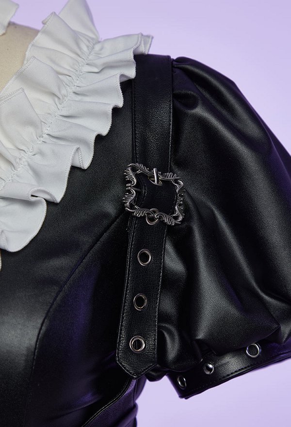 Alice: Madness Returns Derivative Halloween Steampunk Outfit Ruffled Leather Dress with Apron and Waist Shaping Alice: Madness Returns Derivative Halloween Steampunk Outfit Ruffled Leather Dress with Apron and Waist Shaping