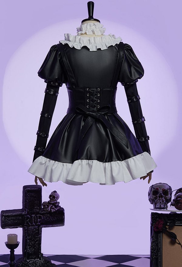 Alice: Madness Returns Derivative Halloween Steampunk Outfit Ruffled Leather Dress with Apron and Waist Shaping Alice: Madness Returns Derivative Halloween Steampunk Outfit Ruffled Leather Dress with Apron and Waist Shaping