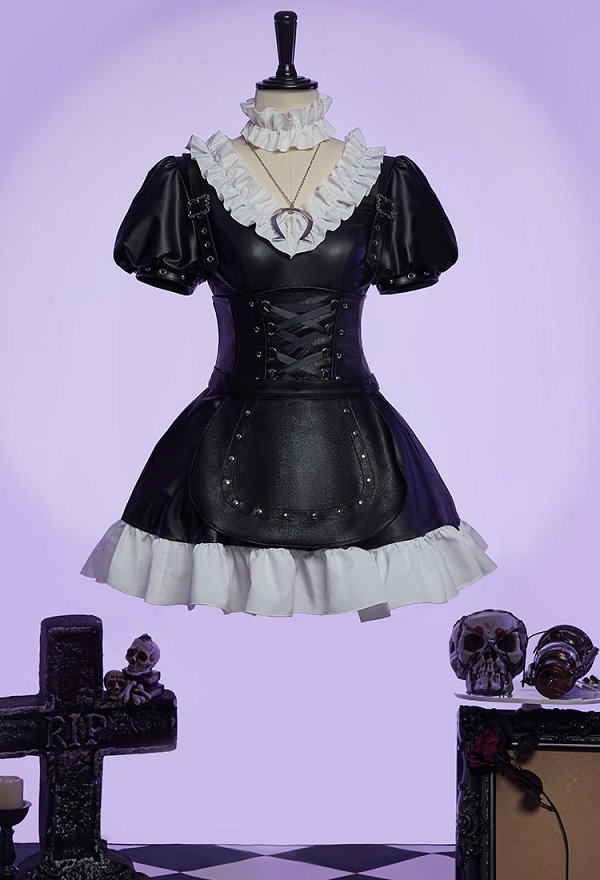 Alice: Madness Returns Derivative Halloween Steampunk Outfit Ruffled Leather Dress with Apron and Waist Shaping Alice: Madness Returns Derivative Halloween Steampunk Outfit Ruffled Leather Dress with Apron and Waist Shaping