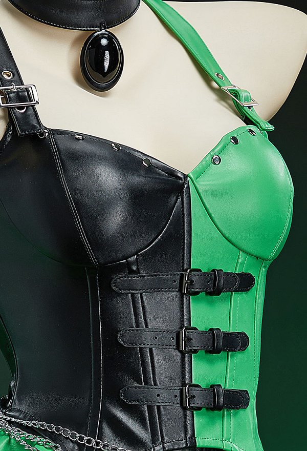 Kim Possible Shego Derivado Gótico Negro y Verde Conjunto de falda y top con cintura simétrica con gargantilla y cadena en la cintura