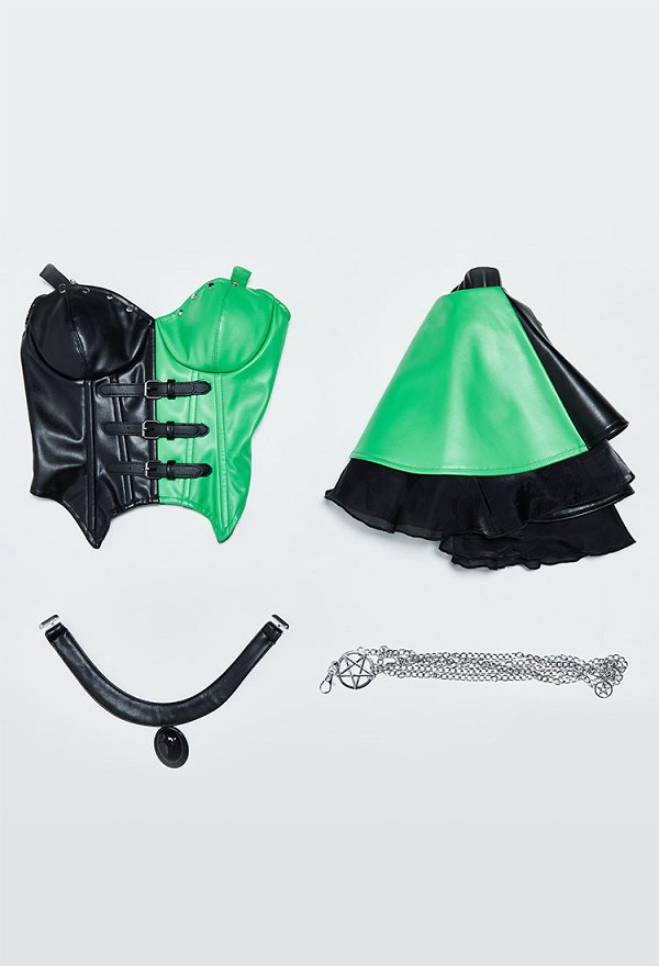 Kim Possible Shego Derivado Gótico Negro y Verde Conjunto de falda y top con cintura simétrica con gargantilla y cadena en la cintura