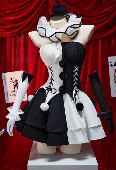 Arte payaso derivado Halloween blanco y negro color bloqueado vestido corset conjunto tubo superior y falda con calcetines