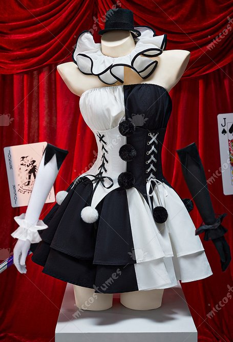 Arte payaso derivado Halloween blanco y negro color bloqueado vestido corset conjunto tubo superior y falda con calcetines