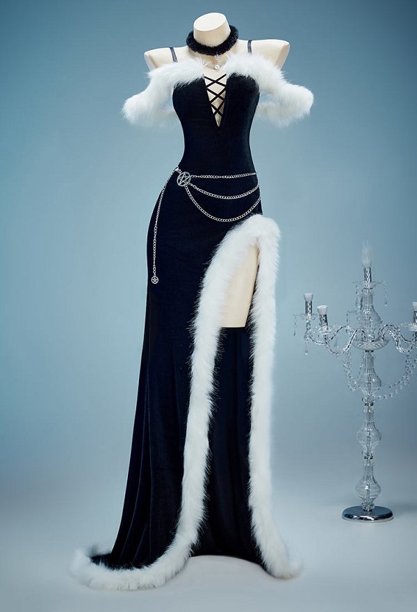 Yor Derivative Christmas Gothic Black Dress Set Dark Witch Style Furry Dress with Hat Gloves Yor Derivative Christmas Gothic Black Dress Set Dark Witch Style Furry Dress with Hat Gloves