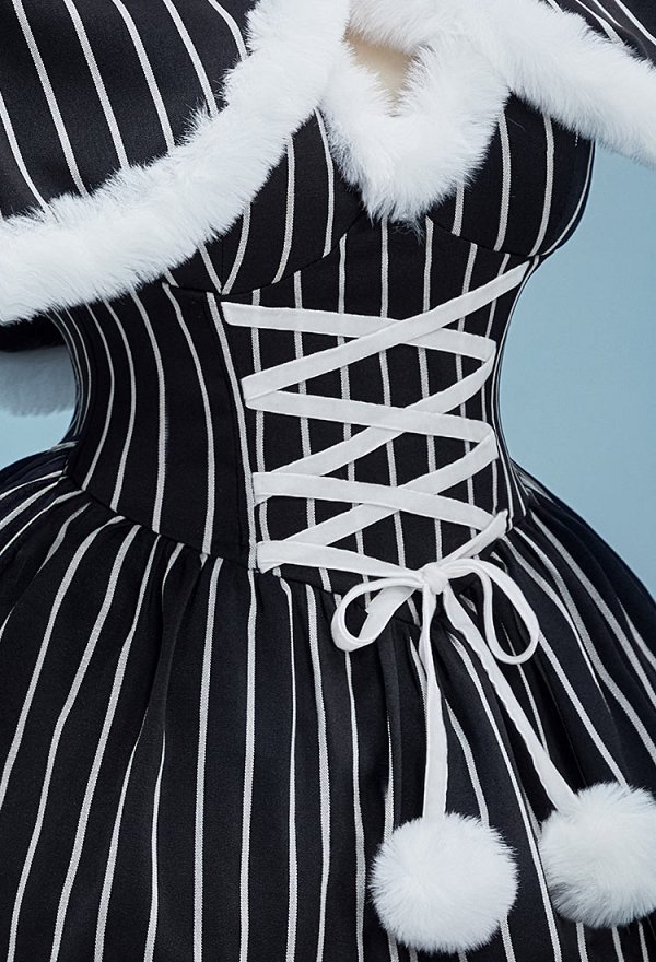 Christmas Nightmare Skeleton Style Gothic Costume Striped Dress with Cloak and Sleeves Christmas Outfits