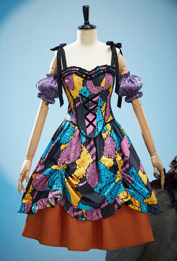 Traje retro de Halloween gótico derivado de Sally con corset colorido y falda con mangas