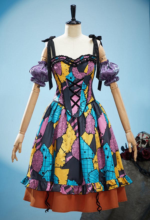 Traje retro de Halloween gótico derivado de Sally con corset colorido y falda con mangas