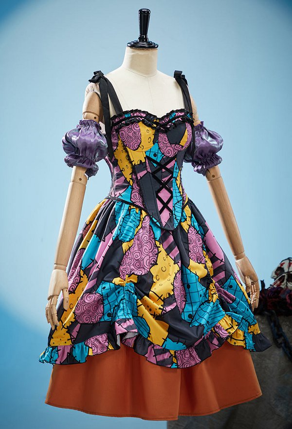 Traje retro de Halloween gótico derivado de Sally con corset colorido y falda con mangas