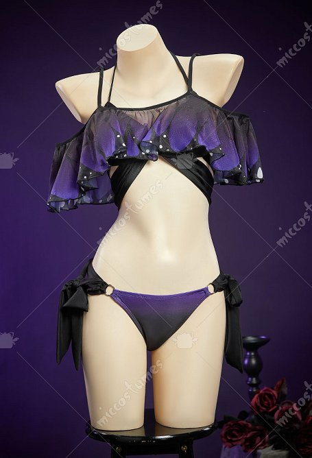 Damen Swimsuit Badeanzug im Gothic Stil schwarz violettem Farbverlauf Bikinis Schmetterlings Two-piece Neckholder Top Höschen Überwurf