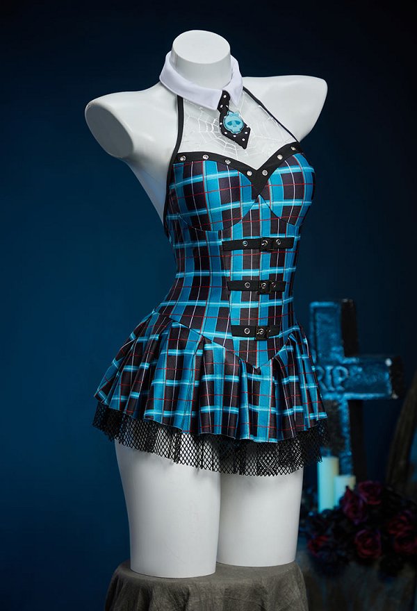 MH Franky Derivado Bañador de una pieza azul y negro a cuadros con cuello halter y lazo decorativo