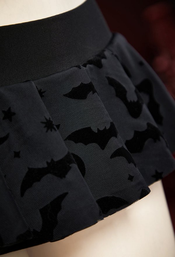 Gótico Negro Murciélago Estrella Luna Patrón de Dos Piezas Traje de Baño Halter Superior y Mini Falda Traje de Baño