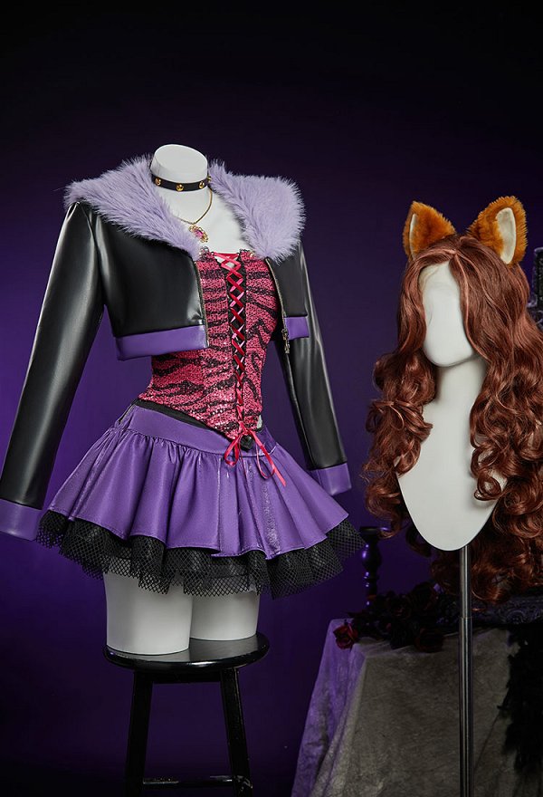 MH Clawdeen Derivado Gótico Corsé Falda Traje estampado Top con tirantes y hombros descubiertos y falda de varias capas con chaqueta con ribete de piel sintética