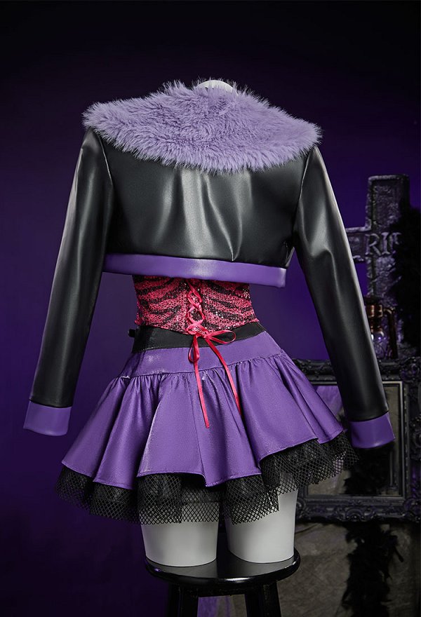 MH Clawdeen Derivado Gótico Corsé Falda Traje estampado Top con tirantes y hombros descubiertos y falda de varias capas con chaqueta con ribete de piel sintética