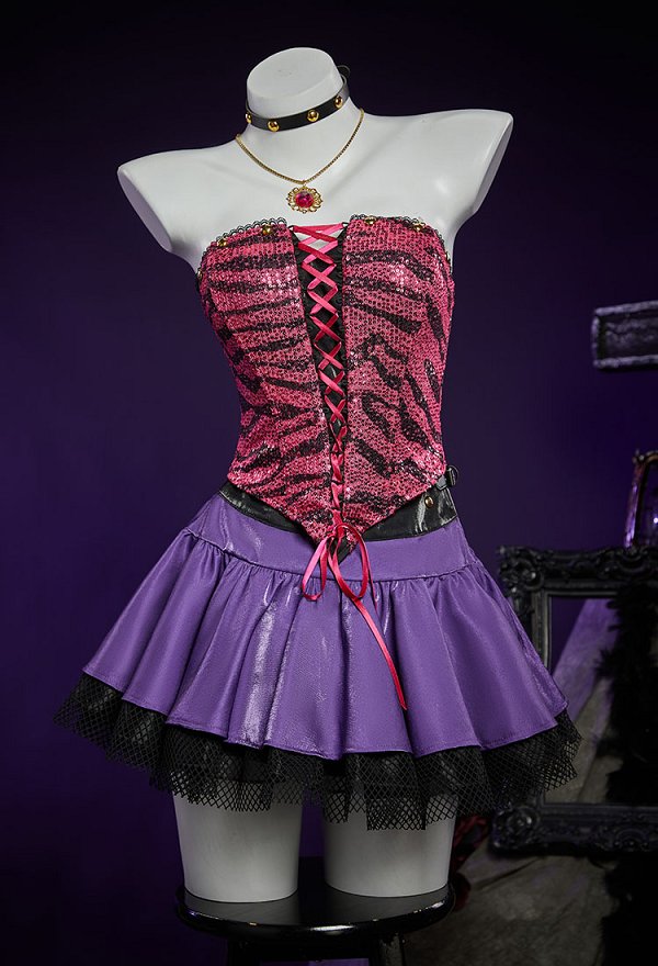 MH Clawdeen Derivado Gótico Corsé Falda Traje estampado Top con tirantes y hombros descubiertos y falda de varias capas con chaqueta con ribete de piel sintética