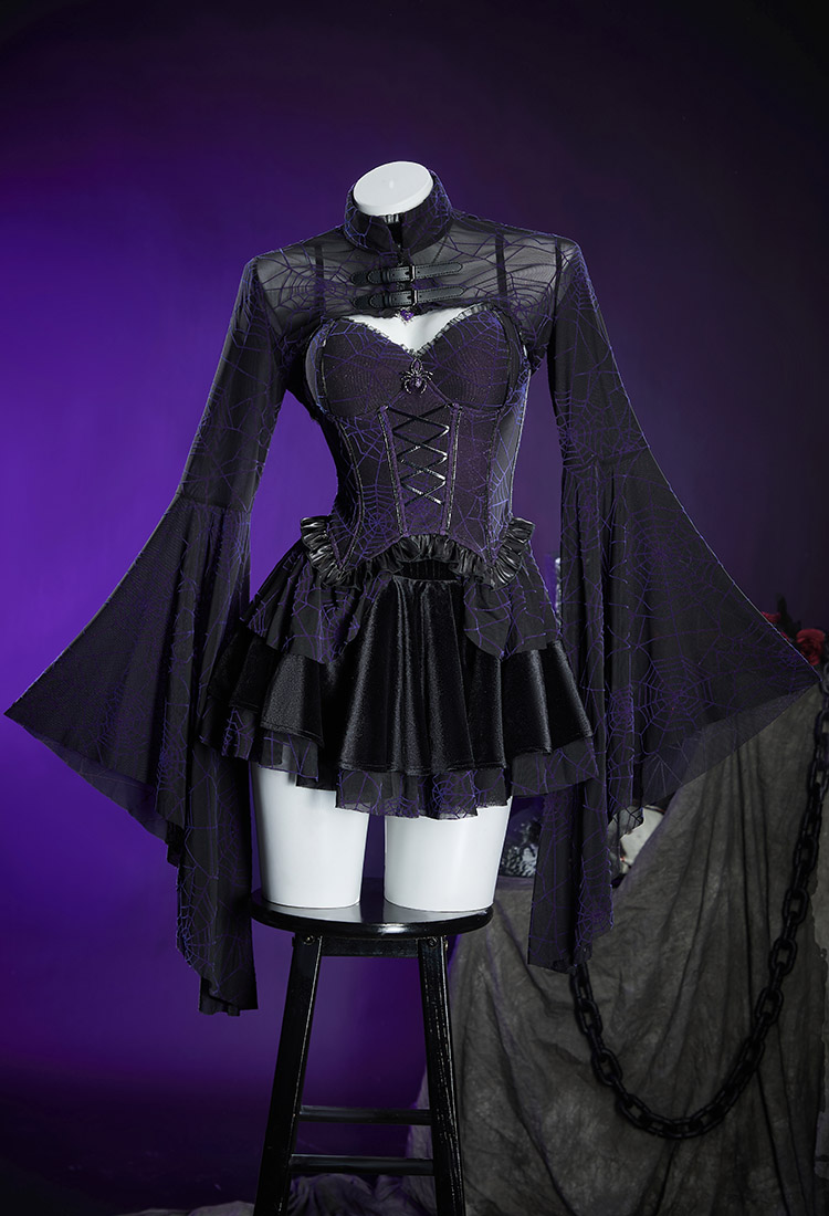 Vestido de Corsé Gótico en Negro y Morado con Estampado de Telaraña Top y Falda con Chaqueta de Abrigo