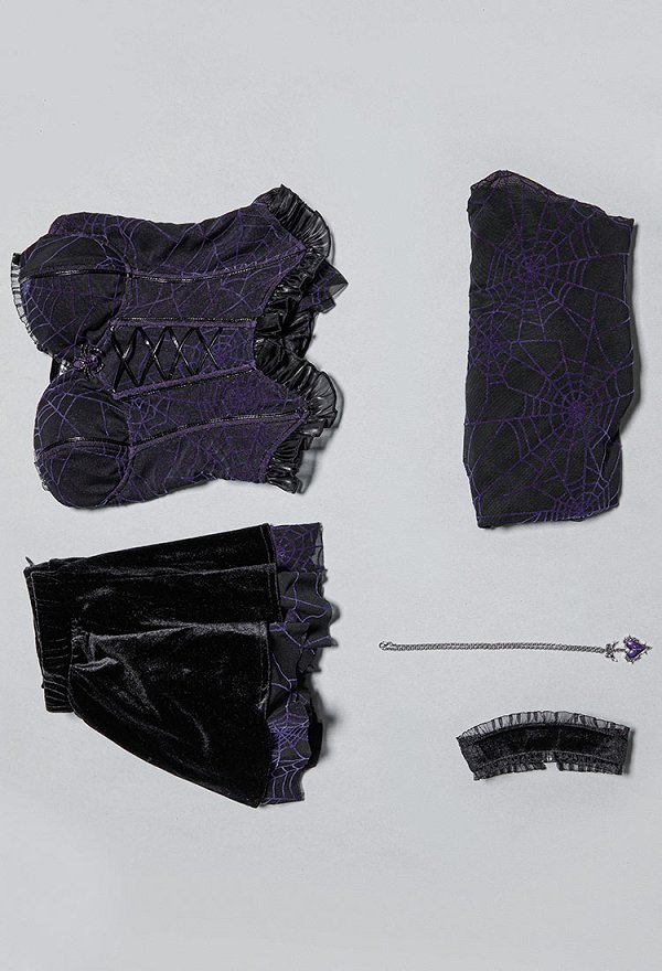 Vestido de Corsé Gótico en Negro y Morado con Estampado de Telaraña Top y Falda con Chaqueta de Abrigo Vestido de Corsé Gótico en Negro y Morado con Estampado de Telaraña Top y Falda con Chaqueta de Abrigo