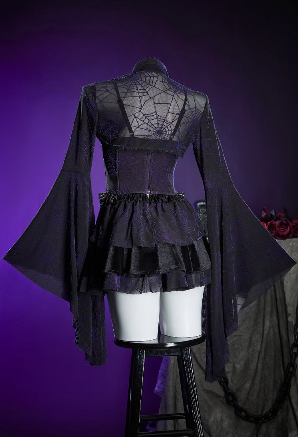 Vestido de Corsé Gótico en Negro y Morado con Estampado de Telaraña Top y Falda con Chaqueta de Abrigo Vestido de Corsé Gótico en Negro y Morado con Estampado de Telaraña Top y Falda con Chaqueta de Abrigo