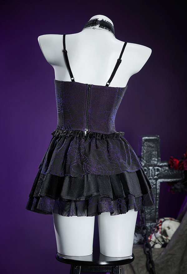 Vestido de Corsé Gótico en Negro y Morado con Estampado de Telaraña Top y Falda con Chaqueta de Abrigo Vestido de Corsé Gótico en Negro y Morado con Estampado de Telaraña Top y Falda con Chaqueta de Abrigo