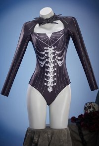 Jack Derivative Gothic Black Bone Print One-Piece Swimsuit Dark Style Striped Bathing Suit with Bat Accessory