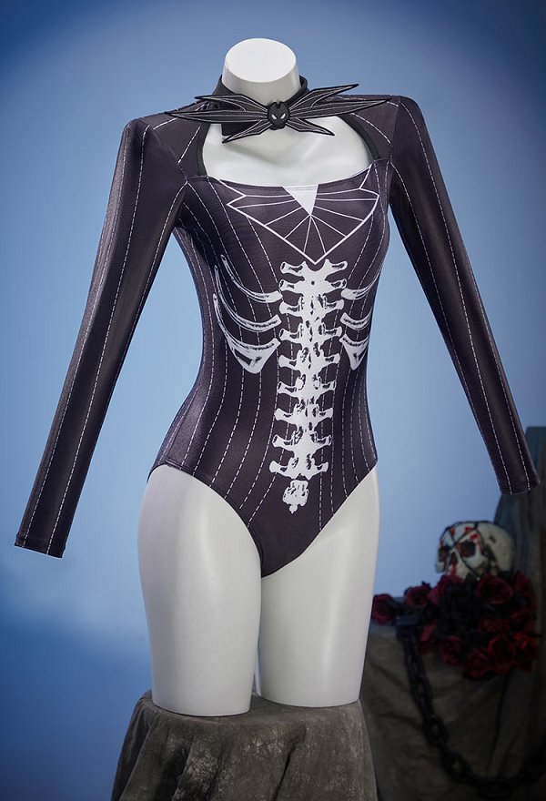 Jack Derivative Gothic Black Bone Print One-Piece Swimsuit Dark Style Striped Bathing Suit with Bat Accessory