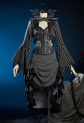 Chrismas Nightmare Jack Derivado Vestido Gótico a rayas Conjunto Corset Top y falda con cordón con chaqueta Bolero
