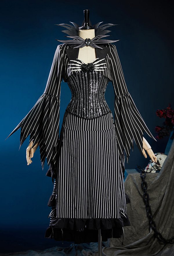 Chrismas Nightmare Jack Derivado Vestido Gótico a rayas Conjunto Corset Top y falda con cordón con chaqueta Bolero