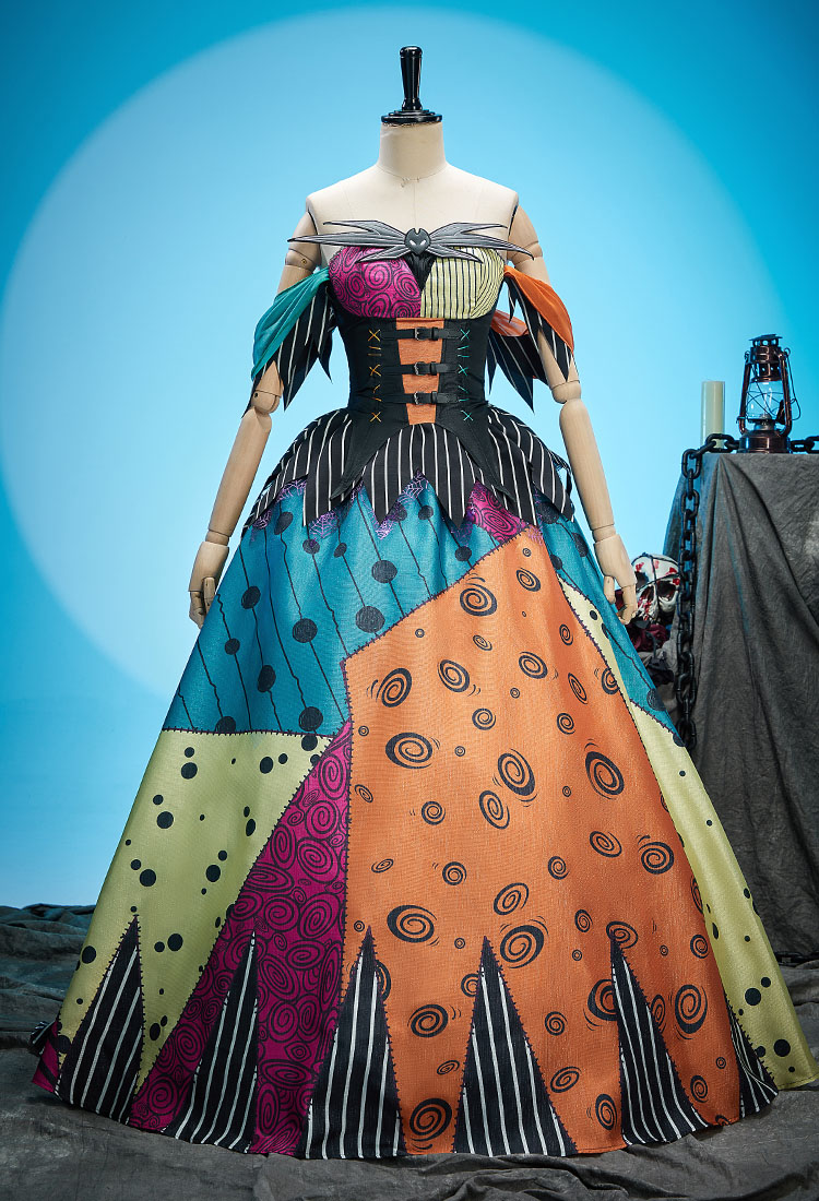 Pesadilla de Chrismas Sally Derivado Corset vestido colorido Patchwork Traje de hombro y falda larga con parche bordado